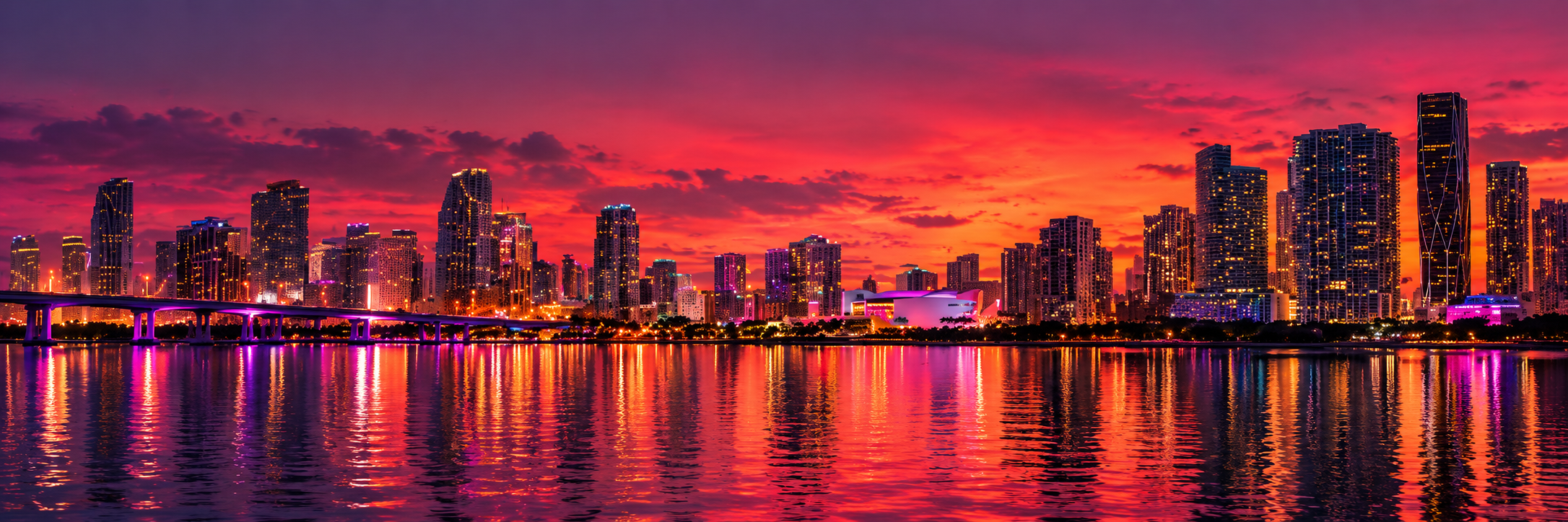Miami skyline glowing pink and orange across Biscayne Bay
